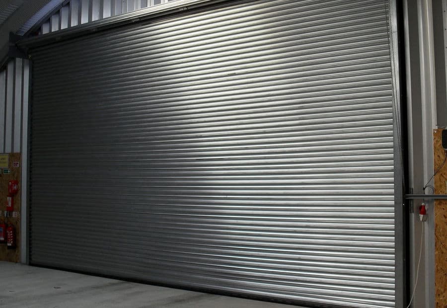 Cortina metálica de gran formato en un acceso industrial